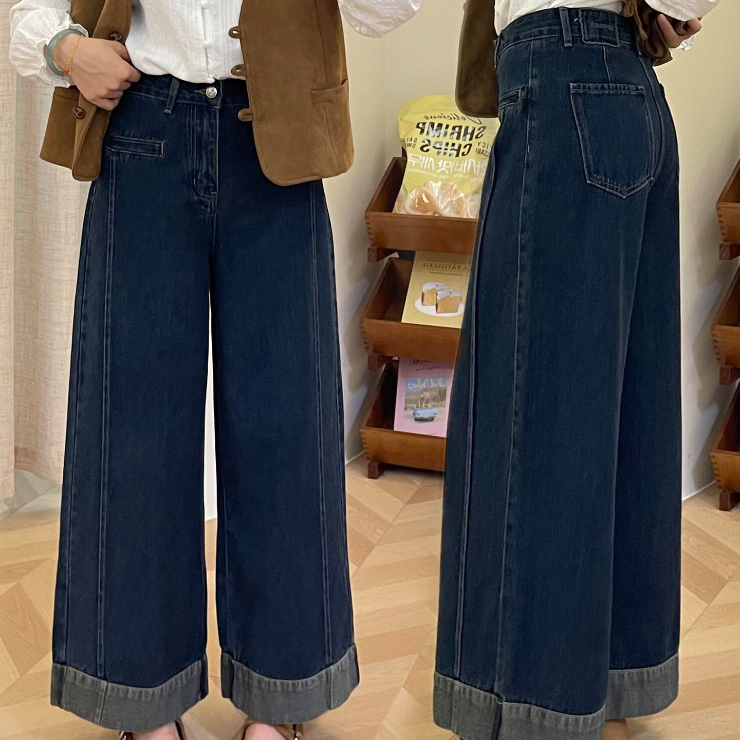 深蓝色拼接阔腿牛仔裤女九分裤子