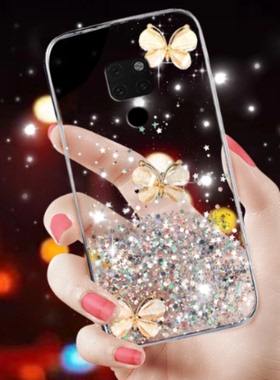 透明滴胶水晶蝴蝶闪粉适用华为mate20手机壳mt20pro女新款m10麦特mat30时尚pr0魅特mete40pro曲面屏por潮mte