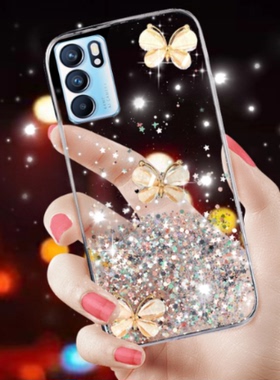 透明滴胶水晶蝴蝶闪粉适用iPhone16/OPPO RENO6手机壳10高端reno9pro十+曲面reon11女5g新款reno7网红12/8se