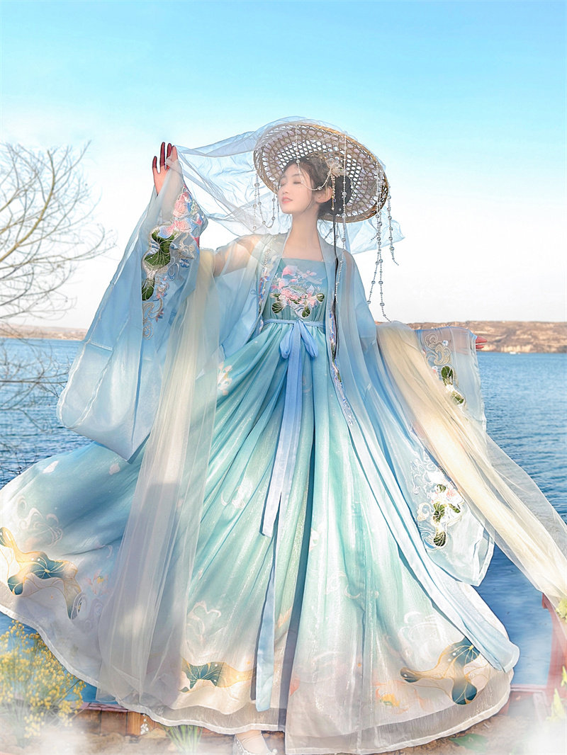 당나라 HANFU 여성 MYROBALAN 치마 봄과 여름 국립 스타일 대형 소매 셔츠 원래 고대 의상 슈퍼 불멸의 넓은 소매 불멸의 가슴 길이 스커트