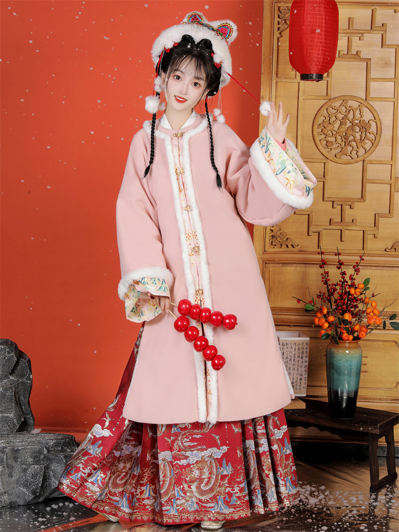 새로운 명나라 HANFU 여성의 가을 겨울 스타일 말 얼굴 치마 라운드 넥 더블 브레스트 롱 코트 국가 스타일 요소 고대 의상 일일 세트