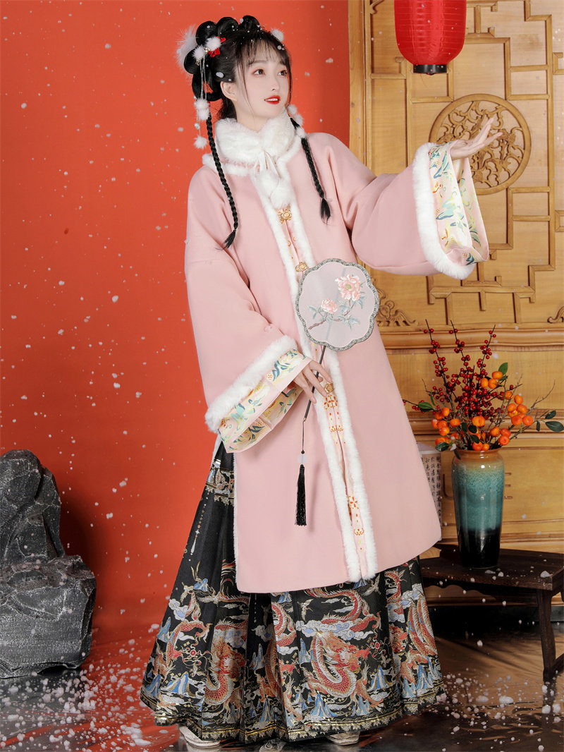 새로운 명나라 HANFU 여성의 가을 겨울 스타일 말 얼굴 치마 라운드 넥 더블 브레스트 롱 코트 국가 스타일 요소 고대 의상 일일 세트