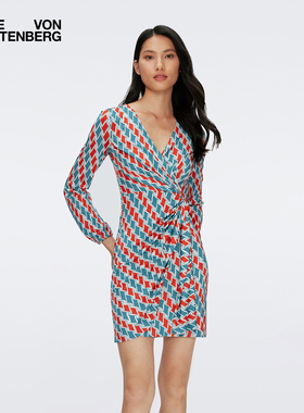 DVF 碎花裙V领印花长袖度假仿裹身连衣裙DW1S005