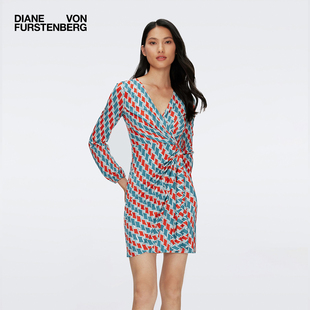 DVF 度假仿裹身连衣裙DW1S005 碎花裙V领印花长袖