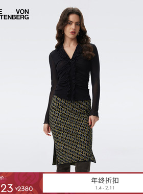 [弹力网纱]DVF2025秋冬新款曜石黑V领打底长袖上衣BL3T001