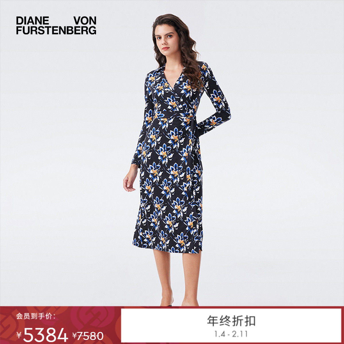 [100%真丝]DVF2025秋冬新款水墨百合图案针织桑蚕丝裹身裙DW3T009,女装/女士精品,连衣裙,淘宝优惠券,粉丝福利购,淘宝优惠卷