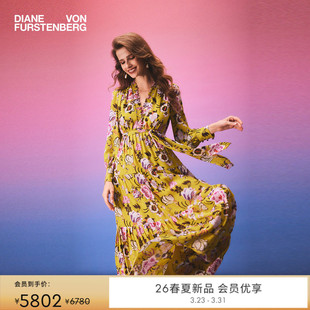 DVF2026早春新款 V领茶歇裙月光黄柳枝花卉度假风连衣裙DL4T018