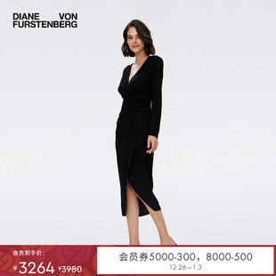 DVF宴会V领高腰纯色礼服连衣裙DL4R057 小黑裙 玫瑰相似款