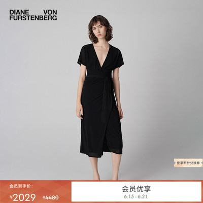 DVF曜石黑荷叶袖裹身裙