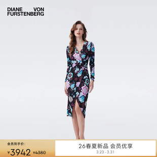 V领柳枝花卉修身 DVF2026早春新款 侧开叉连衣裙DL4T020 哑光针织