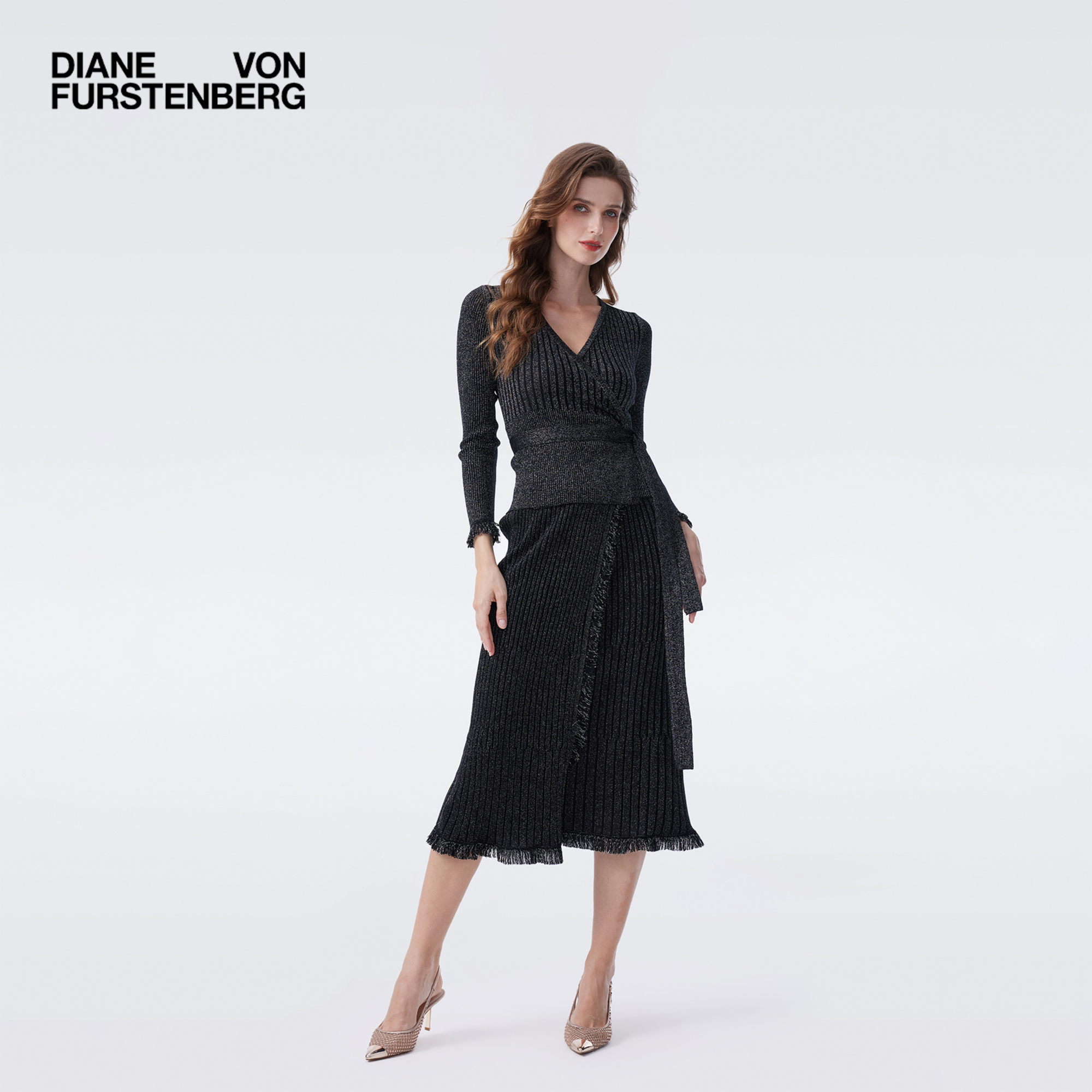 DVF金属银V领罗纹裹身针织衫