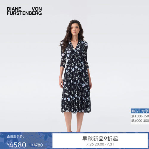[弹力网纱]DVF2026早秋新款黑白午夜玫瑰围裹式碎花连衣裙DL2U009