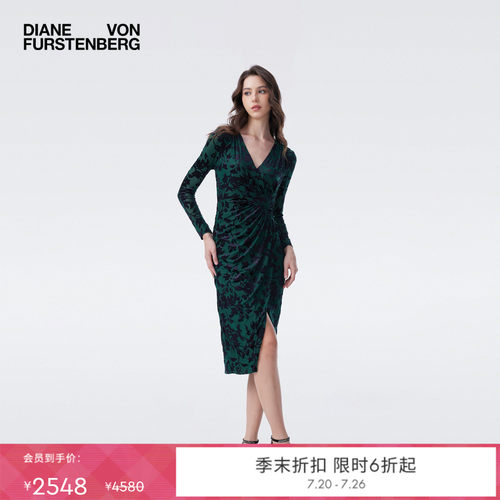DVF黑绿藤蔓丝绒烧花V领连衣裙