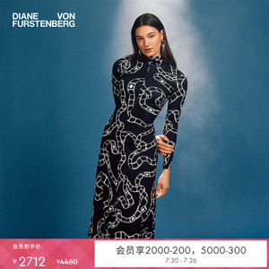 [博主同款]DVF气质高领收腰印花海文针织长袖中长连衣裙DL3R023