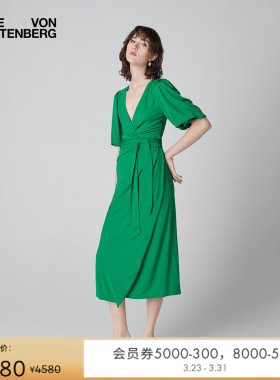 DVF度假春意绿色荷叶袖裹身裙DW1T002
