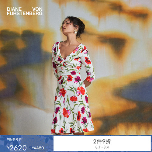 DVF红紫缤纷花影V领连衣裙