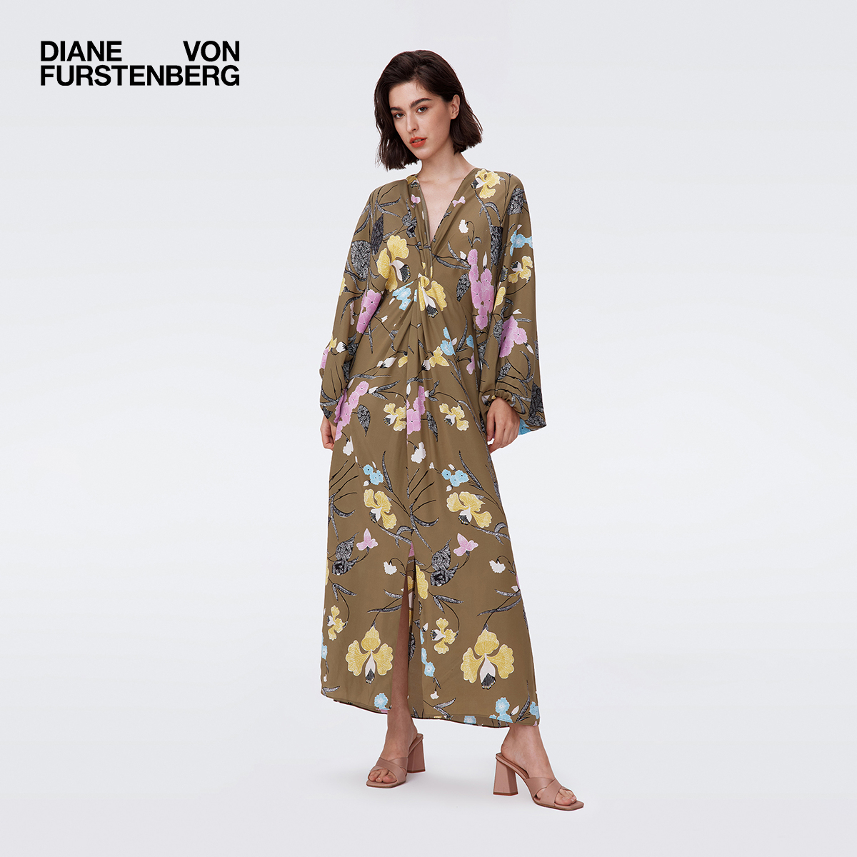 DVF橄榄绿节日花卉图案礼服