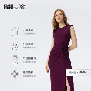 DVF2025春夏新款 開叉連衣裙DS1T010 純色梅子紅修身 圓領(lǐng)無袖