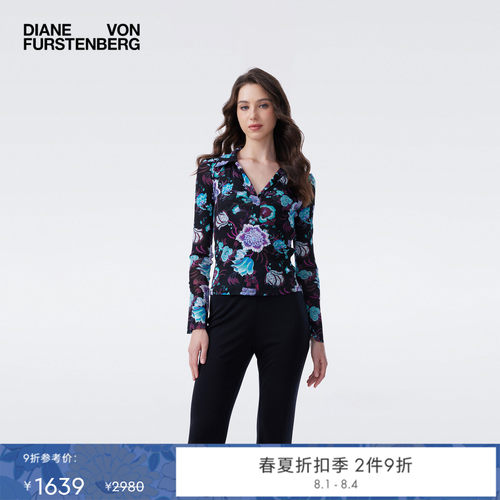 [弹力网纱]DVF2026新款柳枝花卉弹力网纱POLO领长袖上衣BL4T014