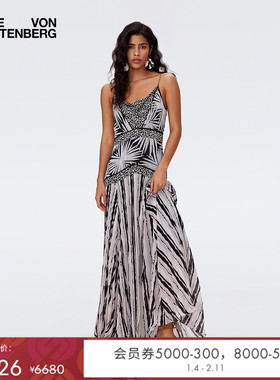 [博主同款]DVF女装粉黑海莲花条纹拼接长裙度假连衣裙DS2S034