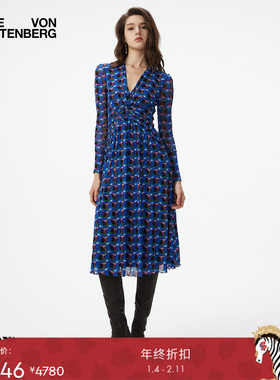 [弹力网纱]DVF2025秋冬新款苏格兰格纹弹力网纱长袖连衣裙DL3T008