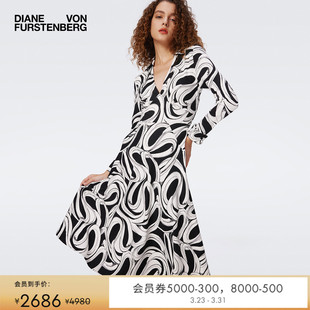 DVF茶歇裙黑白艺术印花海文针织高腰显瘦连衣裙DL3S049