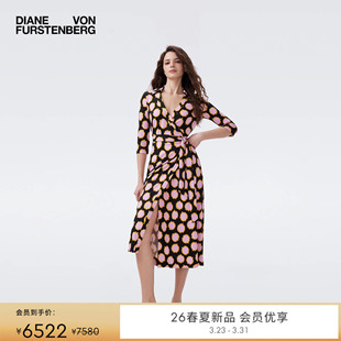 粉黑伊卡特圆点修身 DVF2026早春新款 裹身裙DW4T013 100%真丝