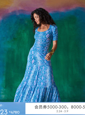 [海岛度假]DVF蓝色度假蛇纹松紧腰印花长款半裙KL1S002