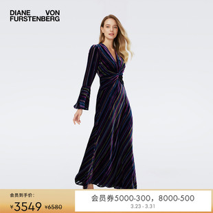 DVF轻礼服V领丝绒条纹印花长款 连衣裙长裙DL4R043