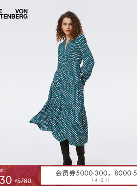 DVF绿色图案V领连衣裙DL3S022