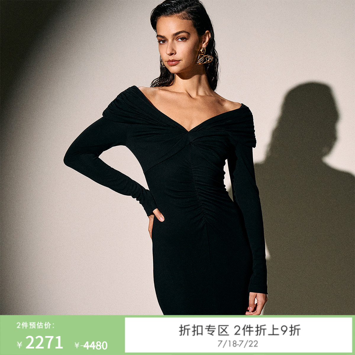 DVF经典黑V领小黑裙连衣裙