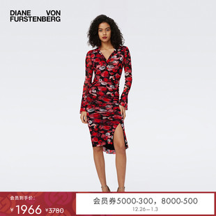 DVF 红裙连衣裙DL4R063 V领弹力网纱植物印花修身
