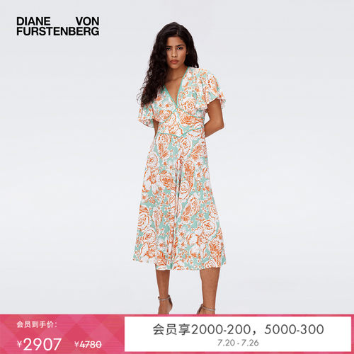 DVF荷叶袖茶歇裙植物印花连衣裙
