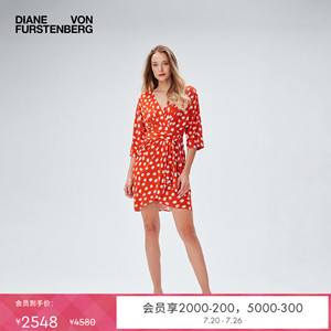 [博主同款]DVF橙红白漆画波点印花七分袖轻薄裹身连衣裙DW2R008
