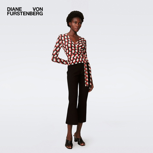 裤 弹力针织九分长裤 子MR72E00 曜石黑纯色复古微喇裤 DVF经典