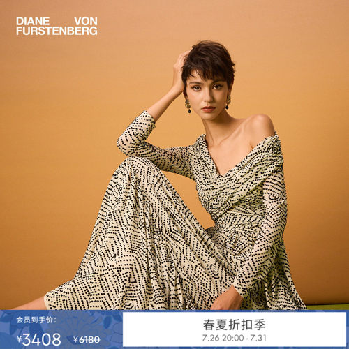 [重工植绒网纱]DVF2026春夏新款象牙白波纹圆点长款连衣裙GL4T006