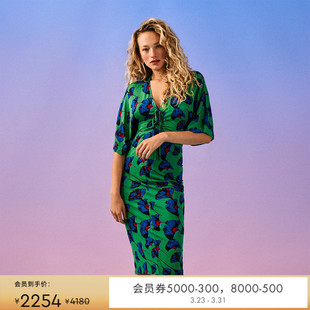 DVF 收腰显瘦连衣裙DS4R014 V领银杏叶印花绿色蝙蝠袖