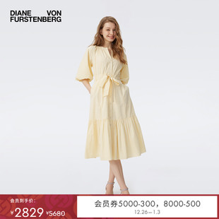圆领V字领口灯笼袖 DVF2025新款 条纹连衣裙DS1T003 博主同款