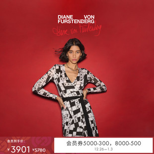 DVF黑白填字格美利奴羊毛针织裹身裙MR65E00 WRAP50