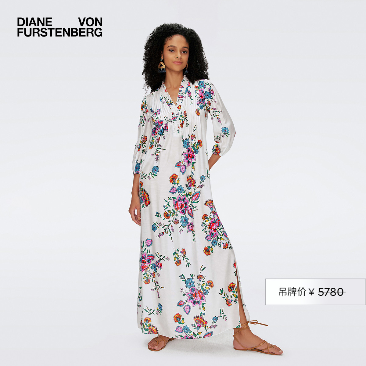 DVF珍珠白彩虹花束V领连衣裙