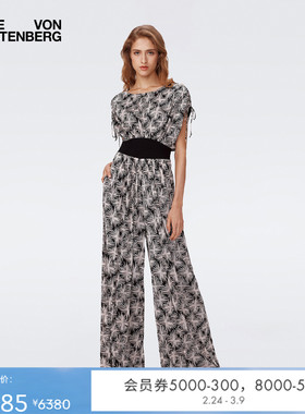 [弹力网纱]DVF圆领度假印花弹力网纱宽松阔腿连体裤PJ2S002