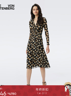 [弹力网纱]DVF2025秋冬新款弹力网纱银杏叶叠影图案连衣裙DL3T008