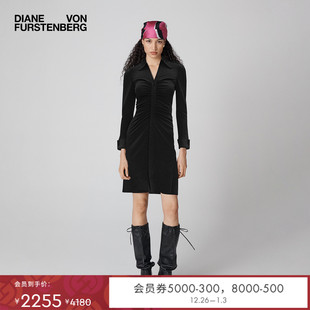 DVF气质哑光针织黑色长袖 小黑裙 中长连衣裙MR61E00 哑光针织