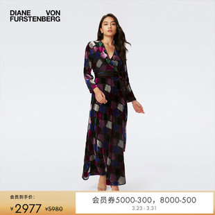 DVF粉紫色艺术笔刷图案丝绒烧花工艺裹身连衣裙DW4S008