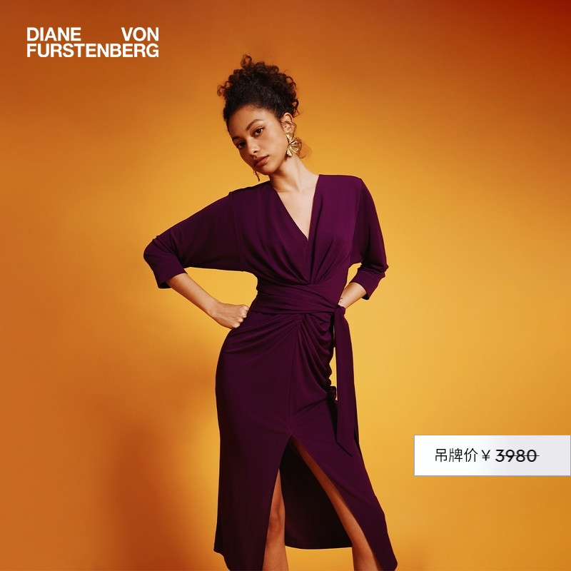 DVFV领蝙蝠袖纯色梅子红连衣裙