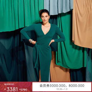 中长款 DVF羊毛羊绒森林绿长袖 针织裹身连衣裙MR43E00 绵羊毛