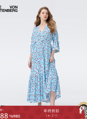 [海岛度假]DVF2025秋冬冰河蓝藤蔓花卉图案七分袖连衣裙DL2T012