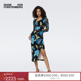 DVF蓝色浪漫繁花图案V领裹身连衣裙DW3S008