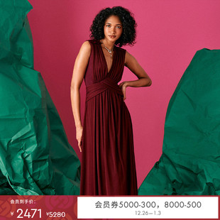 DVF度假安可拉红V领弹力网纱礼服长裙连衣裙DS4R009