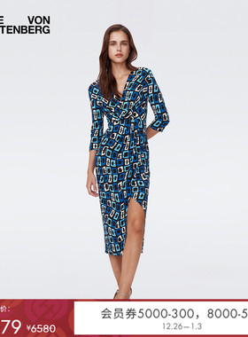 [100%真丝]DVF蓝色锁链针织桑蚕丝围裹式连衣裙DW2S024